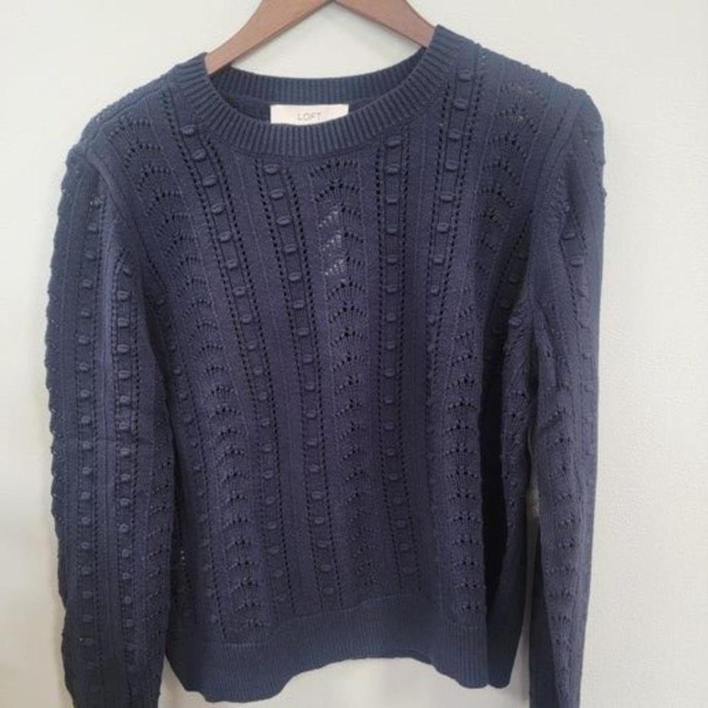 LOFT Navy Textured Crew Neck Sweater